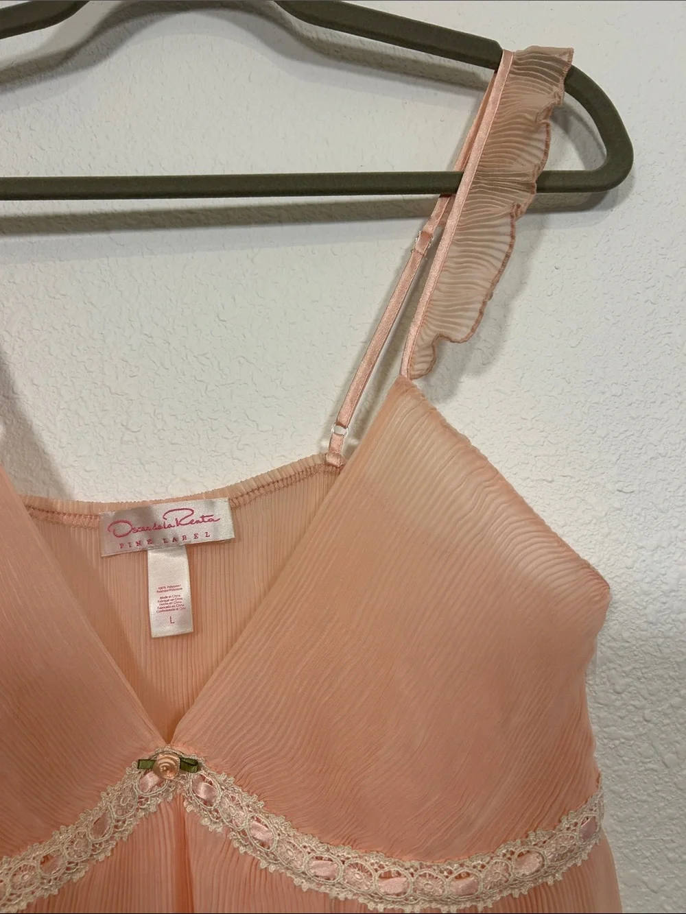 Oscar De La Renta Intimates Peach Sheer Coquette Babydoll Slip Dress Lace Trim L